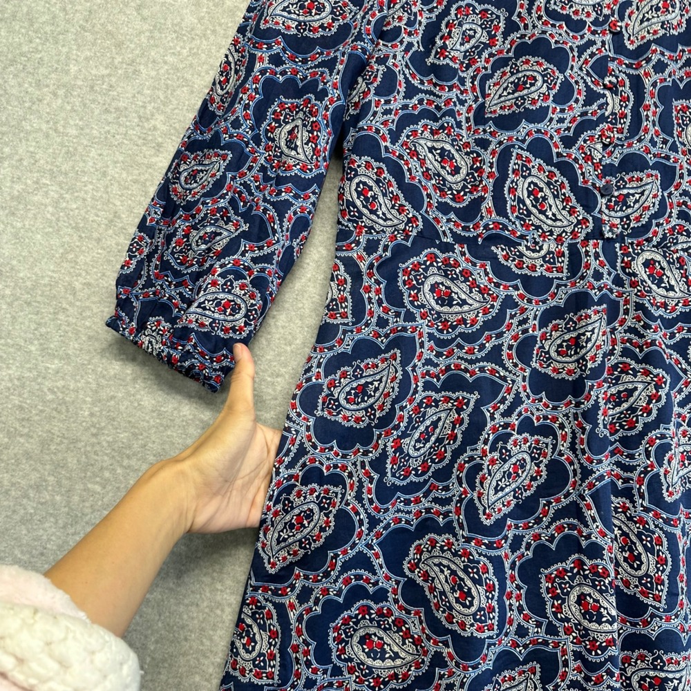 Talbots Midi Dress Women Size 6 Navy Blue Paisley Print V Neck 3/4 Sleeve Pocket - Picture 4 of 13